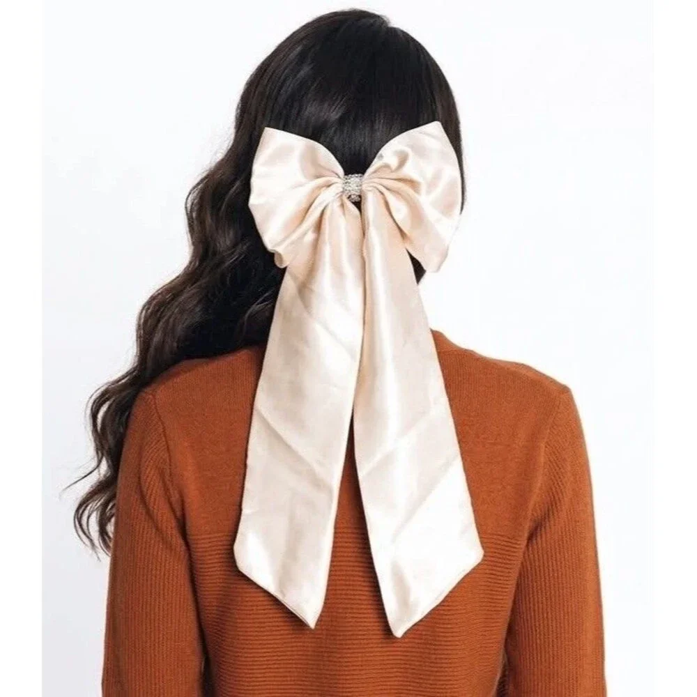 Oversized Satin Bow Bridal Bow Embellished Hair Bow Long Tail Women’s Hair Bow - Picture 1 of 15